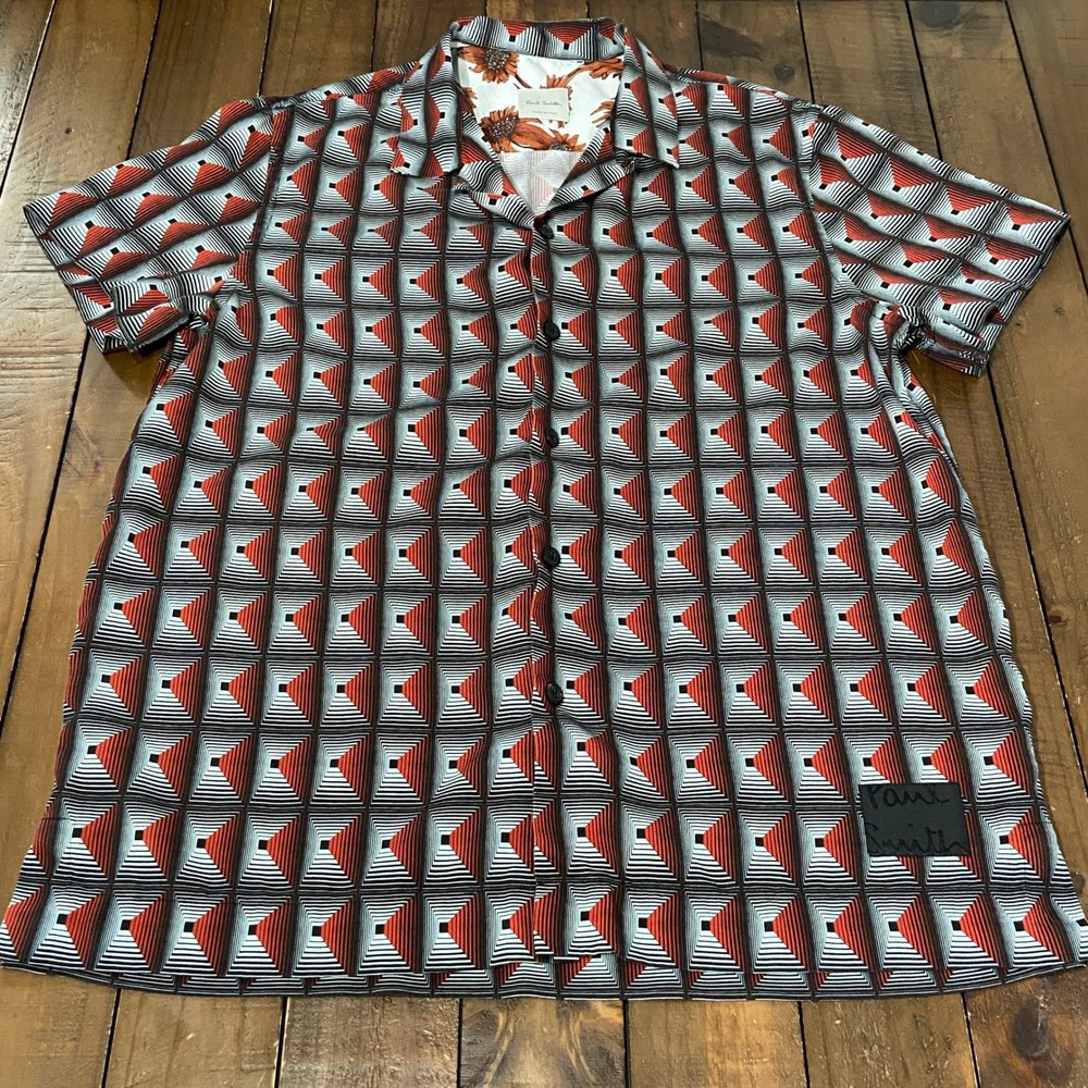 Paul Smith Mens Geometric Pyramid Print Short Sleeve Camp Collar Shirt Italy